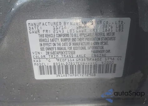 2019 Nissan Sentra Sv from USA, damaged, VIN 3N1AB7AP8KY272908